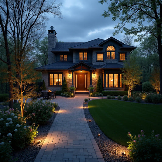 Canadian home at dusk featuring professionally installed landscape lighting with aircraft-grade aluminum fixtures and warm LED illumination highlighting pathways, gardens, and architectural features.