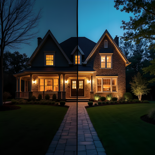 Before and after split image of a suburban Canadian home.
