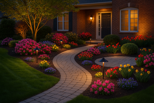 Freshly cleaned spring yard with blooming flowers, green grass, and modern landscape lighting illuminating a garden path and patio at dusk, creating a welcoming outdoor ambiance.