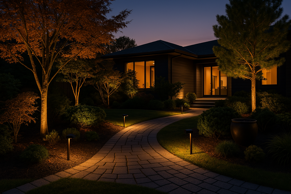 Nighttime backyard scene featuring 12V low voltage landscape lighting.