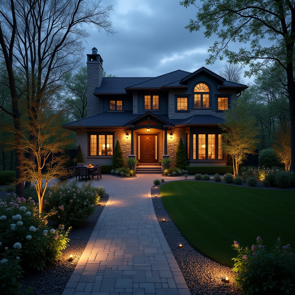 Canadian home at dusk featuring professionally installed landscape lighting with aircraft-grade aluminum fixtures and warm LED illumination highlighting pathways, gardens, and architectural features. 