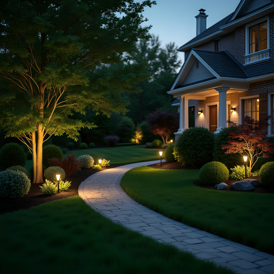 Well-maintained spring yard at dusk with lush green grass, tidy flower beds, and modern low voltage landscape lighting illuminating a garden path and highlighting trees and shrubs.