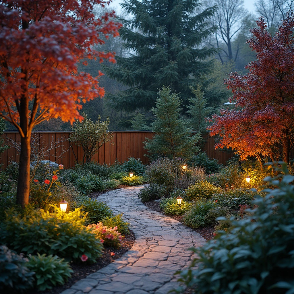 Homeowner inspecting outdoor landscape lights at night with a flashlight, troubleshooting dim and non-working fixtures in a beautifully lit yard.